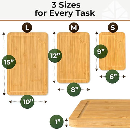Set of 3 Bamboo Cutting Boards for Kitchen - Thick & Durable Wood Cutting Boards Set with Deep Juice Grooves & Build-in Handles, Large Surface, Easy to Clean – for Meat, Vegetables and Fruits