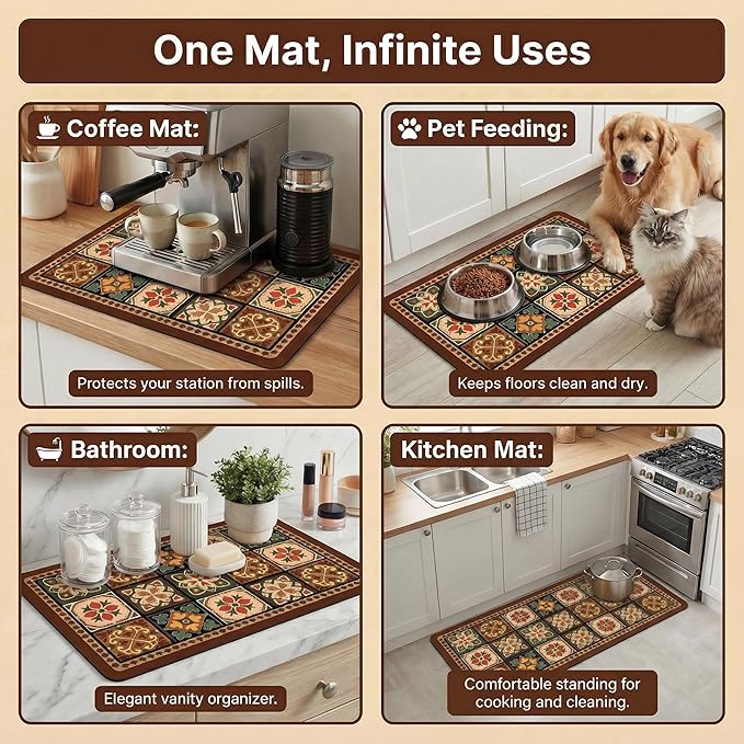 Boho Dish Drying Mat for Kitchen Counter - Super Absorbent Faux Leather Kitchen Mat, Quick Dry & Non-Slip Countertop Protector, Aesthetic Bohemian Decor for Coffee Bar (17"x31.5", Boho)