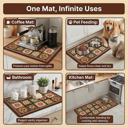 Boho Dish Drying Mat for Kitchen Counter - Super Absorbent Faux Leather Kitchen Mat, Quick Dry & Non-Slip Countertop Protector, Aesthetic Bohemian Decor for Coffee Bar (17"x31.5", Boho)