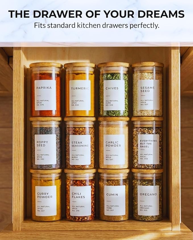 Bloomondo Empty Spice Jars with Label Pack (12x Bamboo Lid Glass Jar). Small 6oz Spice Storage Bottles with 112 Printed Stickers and 48 Writable Pantry Labels for Seasoning Containers - Image 2