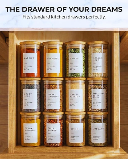 Bloomondo Empty Spice Jars with Label Pack (12x Bamboo Lid Glass Jar). Small 6oz Spice Storage Bottles with 112 Printed Stickers and 48 Writable Pantry Labels for Seasoning Containers - Image 2