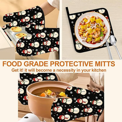 Oven Mitts and Hot Pads Set - Cute Snowman Design, Heat Resistant Cute Pot Holders for Kitchen, Baking Gifts for Women