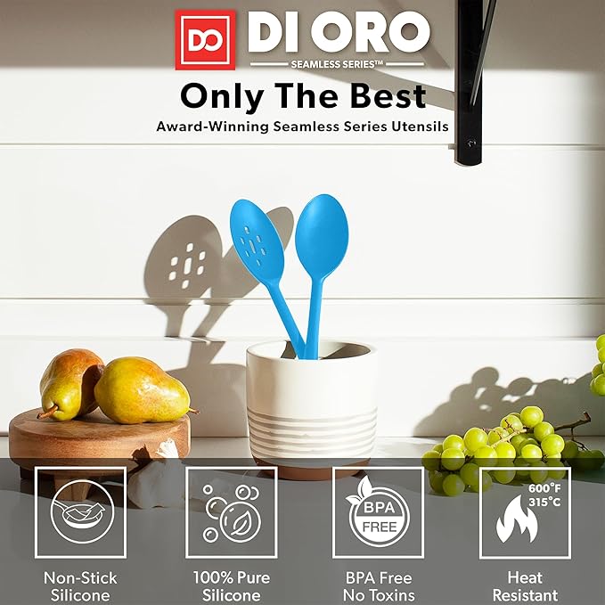 DI ORO Silicone Mixing & Serving Spoons - Large Heat-Resistant Non Stick Utensils Big Solid & Slotted Basting Spoons - Dishwasher Safe (2pc, Blue) - Image 2