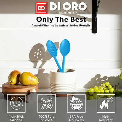 DI ORO Silicone Mixing & Serving Spoons - Large Heat-Resistant Non Stick Utensils Big Solid & Slotted Basting Spoons - Dishwasher Safe (2pc, Blue) - Image 2