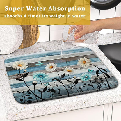 Blue White Daisy Floral Dish Drying Mat for Kitchen Counter,Sprinng Rustic Wood Drying Mat 16 x18 Inch with Absorbent Reversible Microfiber Drying Pad for Coffee Bar - Image 7