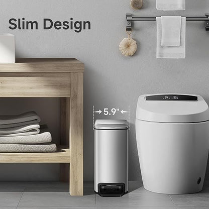 TIPGO Slim Bathroom Trash Can with Lid Soft Close, Step Pedal, 6 Liter / 1.6 Gallon Stainless Steel Trash Bin, Small Garbage Cans for Bedroom, Office, Kitchen (Silver) - Image 3