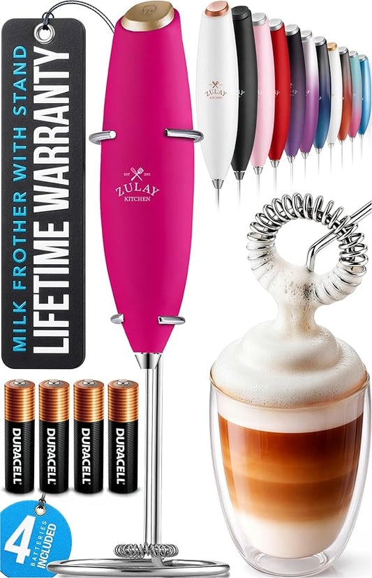 Zulay Kitchen Powerful Milk Frother Wand With 4 AA Duracell Batteries - Ultra Fast Handheld Drink Mixer - Electric Whisk Foam Maker for Coffee, Lattes, Cappuccino, Matcha & Creamer - Hot Pink Gold by ZulayKitchen