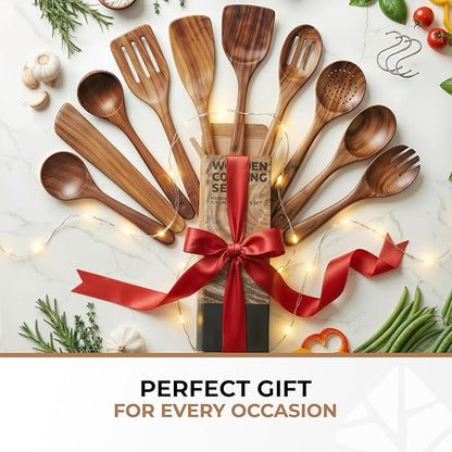 Wooden Spoons for Cooking – 10 Pcs Premium Teak Wooden Utensil Set with Hooks - Durable, Nonstick Safe, Easy to Clean & Heat Resistant with Ergonomic Handles - Image 9