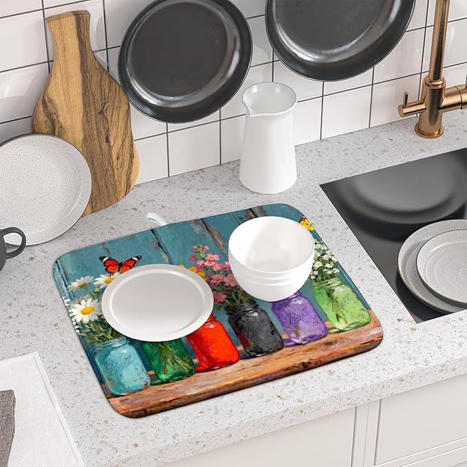 Small Dish Drying Mat for Kitchen Counter 16x18, Spring Summer Floral Decorative Absorbent Reversible Microfiber Kitchen Countertop Protector Dishes Drainer Pad - Image 6