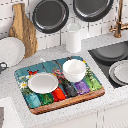Small Dish Drying Mat for Kitchen Counter 16x18, Spring Summer Floral Decorative Absorbent Reversible Microfiber Kitchen Countertop Protector Dishes Drainer Pad - Image 6