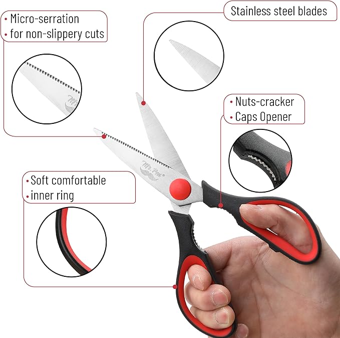 Mr. Pen- All Purpose Kitchen Shears with Protective Sheath, 8 Inch, Dishwasher Safe, Stainless Steel Food Scissors with Micro-Serrated Blades, Durable Utility Kitchen Shears, Black & Red - Image 3