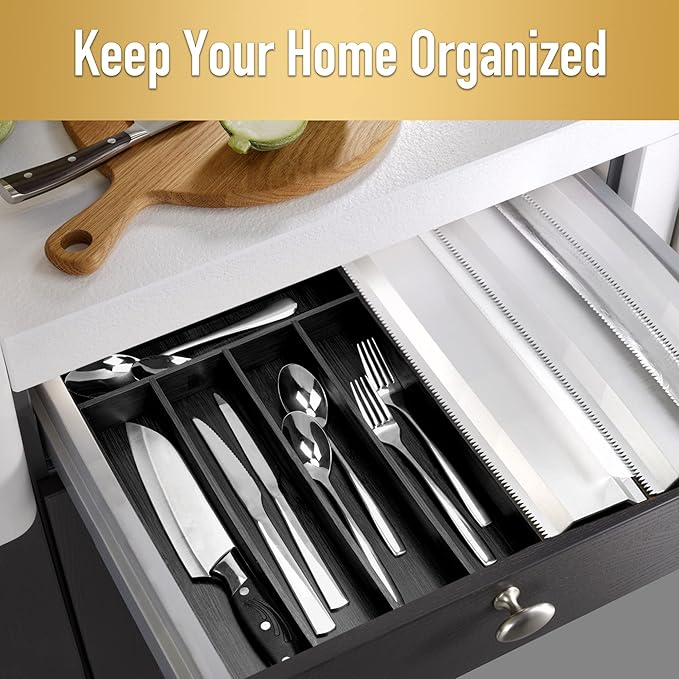 Besilord Bamboo Silverware Holder - Drawer Organizer with 5 Slots (Black) - Image 5