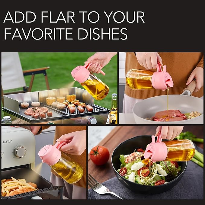 YARRAMATE 2Pcs 16oz/470ml Glass Olive Oil Sprayer for Cooking with Stickers, 2 in 1 Oil Dispenser for Kitchen Gadgets, Food Grade Premium Spray Bottle with Portion Control for Salad, BBQ (Pink&Black) - Image 9