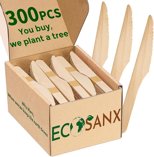 300 PCs Wooden disposable knives for eating, Splinter Free compostable knives - Eco-Friendly - 100% Natural wooden knife for Party & Events - Disposable wooden cutlery for Outdoor, Travelling & More by ECOSANX