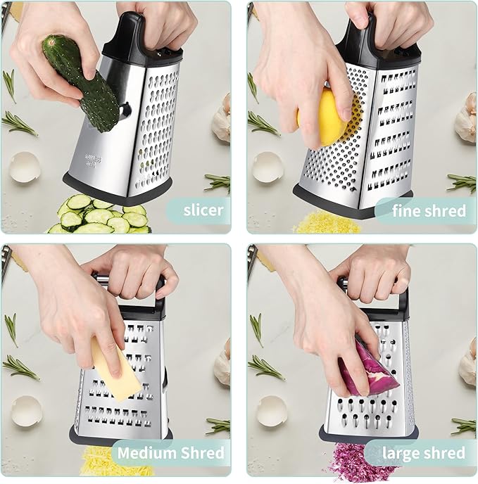 Kaishun Professional Cheese Grater, 4-Sided Stainless Steel Box Grater, Food Shredder for Cheese, Parmesan, Vegetable, Black - Image 3