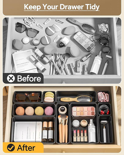 KEMETHY 25 PCS Plastic Drawer Organizers Set, 4 Sizes Vanity Organizer, Makeup and Desk Drawer Organizer Trays, Organization and Storage for Makeup, Bathroom, Kitchen Utensils and Office (Black) - Image 3