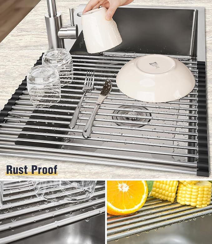 Tomorotec 21" x 15.5" Roll Up Dish Drying Rack Over Sink Drying Rack Sink Cover Kitchen Sink Accessories Gadget Multipurpose Organizer Foldable Stainless Steel Drainer - Image 2