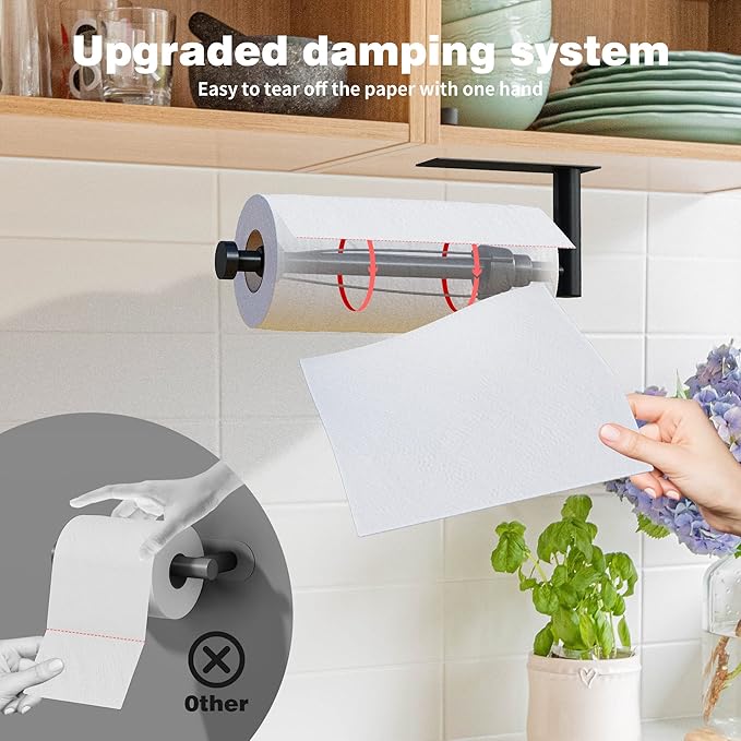 DEKAVA Under Cabinet Wall Mount Paper Towel Holder, Self-Adhesive Bar, Stainless Steel 13 inch (Black) - Image 6