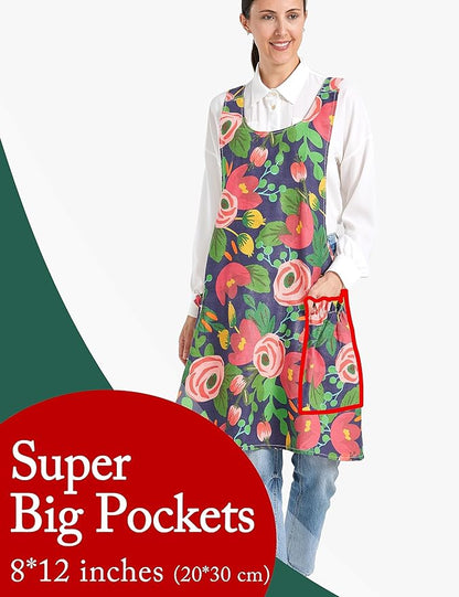 Cozy Adjustable Cross Back Aprons for Women with Pockets Cotton Linen Cooking Kitchen Baking