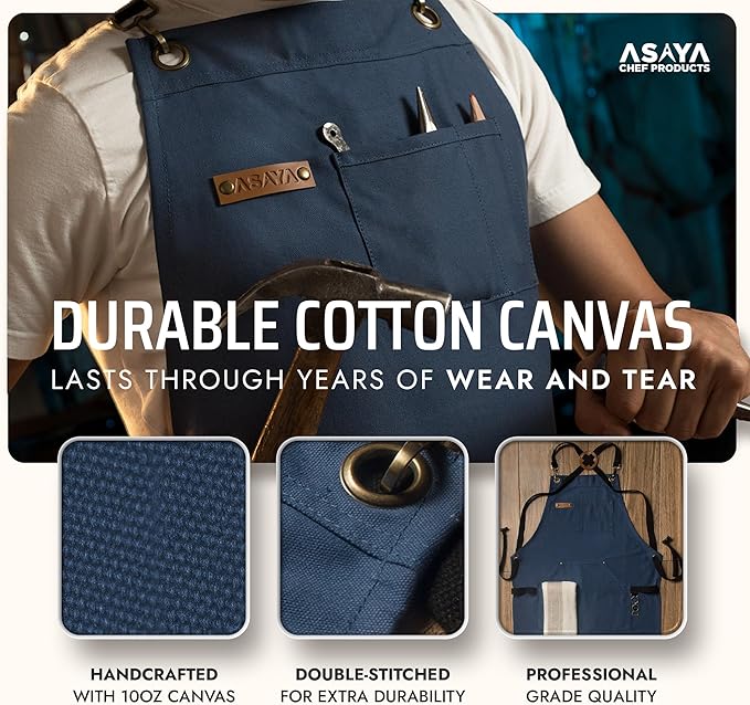 Asaya Chef and BBQ Apron with Bottle Opener and Hand Towel - 10oz Cotton Canvas, Stainless Steel Hardware - Cross Back Straps - Image 3