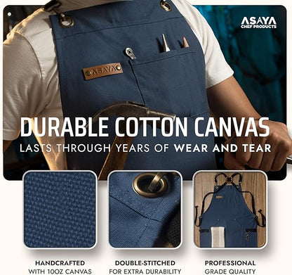 Asaya Chef and BBQ Apron with Bottle Opener and Hand Towel - 10oz Cotton Canvas, Stainless Steel Hardware - Cross Back Straps - Image 3