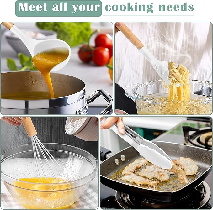 E-far Silicone Cooking Utensils Set, 446℉ Heat Resistant 10PCS Kitchen Utensils Set with Wooden Handle for Nonstick Cookware, Kitchen Tools Spatula Whisk Tongs Ladle, Non-toxic & Healthy, White - Image 6