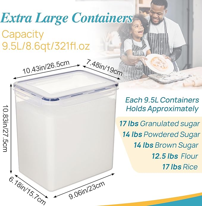 Vtopmart 9.5L 2 Pack Extra Large Flour Sugar Storage Containers for 25lbs flour, Airtight Kitchen Pantry Organization Canisters with Lids for Bulk food, Rice, Baking Supplies, BPA Free, Black - Image 2