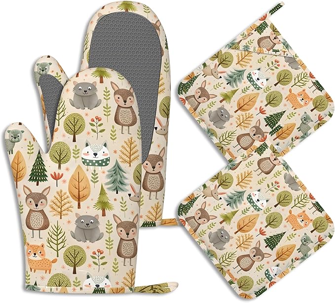 Cute Animals Oven Mitts and Pot Holders Fall Trees Leaves Silicone Kitchen Accessories Set of 4 Heat Resistant Non-Slip Long Gloves Potholder for Chef Cooking Baking Gifts Women Men