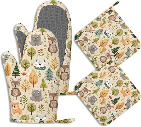 Cute Animals Oven Mitts and Pot Holders Fall Trees Leaves Silicone Kitchen Accessories Set of 4 Heat Resistant Non-Slip Long Gloves Potholder for Chef Cooking Baking Gifts Women Men
