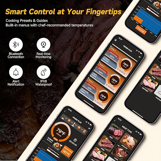 Wireless Meat Thermometer Digital, Long-Range Bluetooth Cooking Thermometer, Remote Tracking & Real-Time Readings for BBQ, Smoker, Air Fryer, Ideal Gift for Home Chef, Pitmaster, Griller
