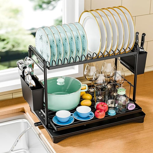 Simple Trending Dish Drying Rack, 2-Tier Dish Rack for Kitchen Counter, Large Dish Drainers Sink Organizers and Storage, Black by SimpleTrending