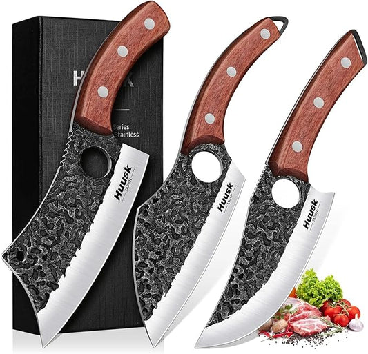 Huusk Butcher Knife Set of 3- Japanese Knife Set for Meat Cutting, Hand Forged Viking Knives Sets with Meat Cleaver, Heavy-Duty Kitchen Knives Sets for Bone BBQ Vegetable, Gift Idea for Men & Women