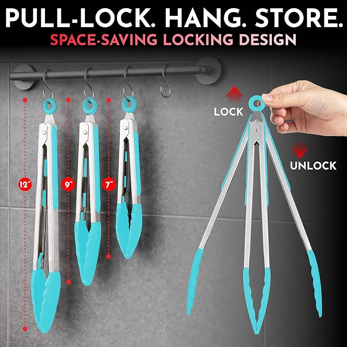 Kitchen Tongs with Silicone Tips Set of 3 Heat Resistant Tongs for Serving Food, 7-Inch, 9-Inch, 12-Inch Locking Silicone Tongs for Cooking, Salad Tong, Aqua Kitchen Utensils - Image 2