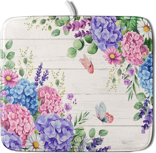Hydrangea Floral Dish Drying Mat 16x18 inch Spring Summer Decorative Fast Dry Dishes Draining Mats Absorbent Microfiber Drainer Rack Pad