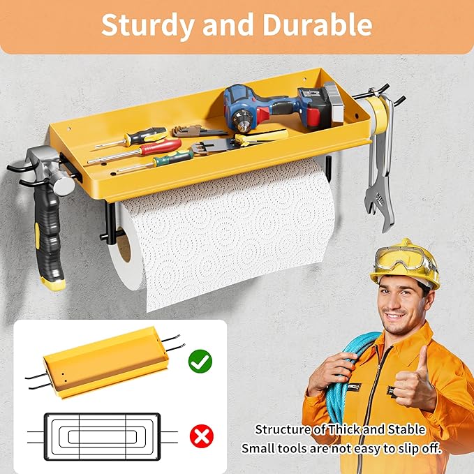 SUNTECH Garage Paper Towel Holder with Shelf, Yellow Heavy Duty Shop Towel Holder, Paper Towel Holder Wall Mount with 2 Hooks for Garage, Workshop, Tool Room Organization - Image 2
