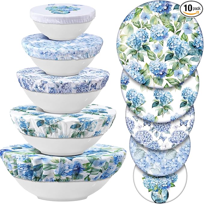 Patelai 10 Pcs Bowl Covers Reusable in 5 Size Stretch Cloth Fabric Elastic Food Storage Bowl Covers Bread Sourdough Lids for Proofing Food Fruits Leftover(Blue, White, Green,Hydrangea Style) by Patelai