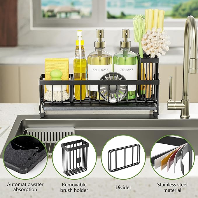 Cisily Extra Large Sink Caddy Organizer with Drying Stone, Black Sponge Holder for Kitchen, Dish Brush Holder for Countertop, Kitchen Decor Storage and Essentials - Image 3
