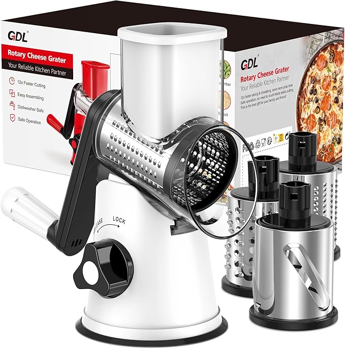 Cheese Grater Rotary, Rotary Grater for Kitchen, Kitchen Grater Vegetable Slicer with 3 Drum Blades, Fast Cutting Cheese Shredder for Vegetables and Nuts by GDL