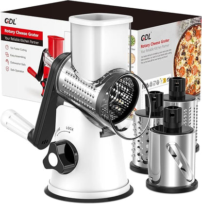 Cheese Grater Rotary, Rotary Grater for Kitchen, Kitchen Grater Vegetable Slicer with 3 Drum Blades, Fast Cutting Cheese Shredder for Vegetables and Nuts by GDL