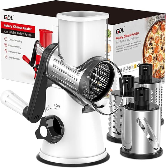 Cheese Grater Rotary, Rotary Grater for Kitchen, Kitchen Grater Vegetable Slicer with 3 Drum Blades, Fast Cutting Cheese Shredder for Vegetables and Nuts by GDL