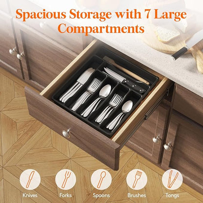 Lifewit Silverware Drawer Organizer Tray, Plastic Cutlery Storage for Kitchen, Flatware and Utensil Holder Divider for Spoons Forks Knives Tableware, 12.3 x 14.2", 7 Slots, Black - Image 4