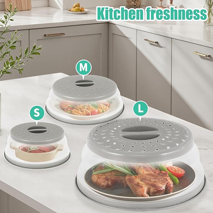 3 Pack Collapsible Microwave Food Covers, Splatter Guard,Vented Microwave Lid for Food, BPA free TPR, Dishwasher safe,Gray，Large, Medium, Small - Image 4
