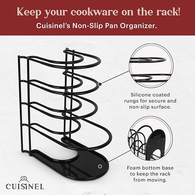 Pan Organizer - Silicone-Coated Non-Slip 12" Heavy Duty Skillet Rack - Kitchen Counter/Cabinet Organization Storage - Holder for Cookie Sheet, Cutting Board, Cast Iron Cookware, Dish, Pot, Lid Stand - Image 4