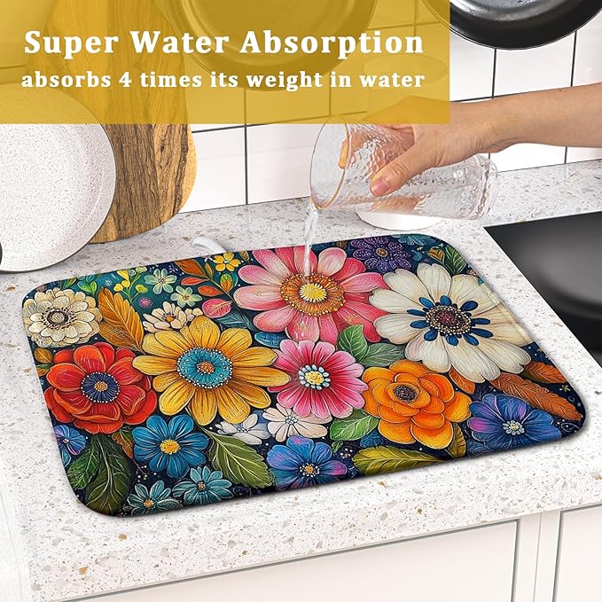 Giwawa Boho Flower Dish Drying Mat, Colorful Floral Leaf Dish Drainer Mats, Rustic Wildflower Plant Botanical Reversible Dish Drying Rack Pad Protector for Kitchen Countertop Decor, 16"x18"