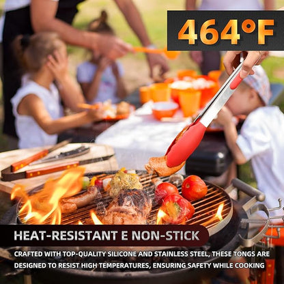 Pack of 3 Stainless Steel Kitchen Tongs with Silicone Tips – Non-Stick Cooking, Grilling & BBQ Tongs for Serving, Dishwasher Safe, 7", 9" & 12" (Pack of 3 Red)