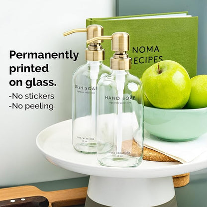 Vine Creations Clear Glass Soap Dispenser Set, Dish Soap and Hand Soap Dispenser Set with Stainless Steel Pump, 16 oz Glass Dispensers for Kitchen Bathroom Decor (Clear Bottle/Brushed Brass Pump) - Image 3