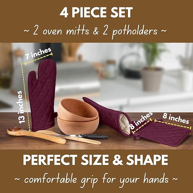 Native Fab 4 Piece Set - 2 Oven Mitts & 2 Potholders, Heat Resistant, 100% Cotton, Quilted Design, Non-Slip Grip, Machine Washable, Ideal for Baking, Cooking, BBQ, Kitchen Protection - Burgundy Wine - Image 5