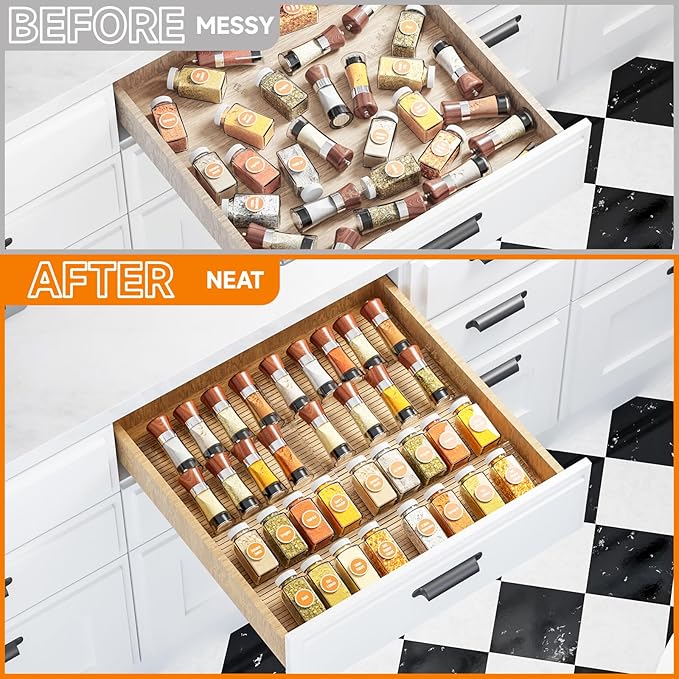 Yieach 8 Pack Adjustable In Drawer Spice Organizer - Expandable From 11'' to 22'' - Acrylic Drawer Seasoning Organizer,Clear Spice Organization Tray for Cabinet Drawers Condiment,Nail Polish and Jar