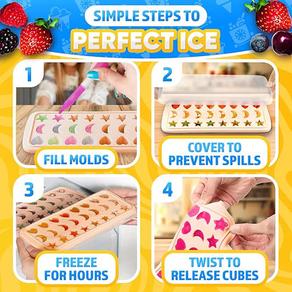Mini Star Ice Cube Tray with Lid – Stars, Moons & Hearts that Just Pop Right Out – 24 Cavities Cute Ice Cube Tray, Flexible Silicone, Easy Release | Reusable Molds for Cocktails, Parties & Desserts