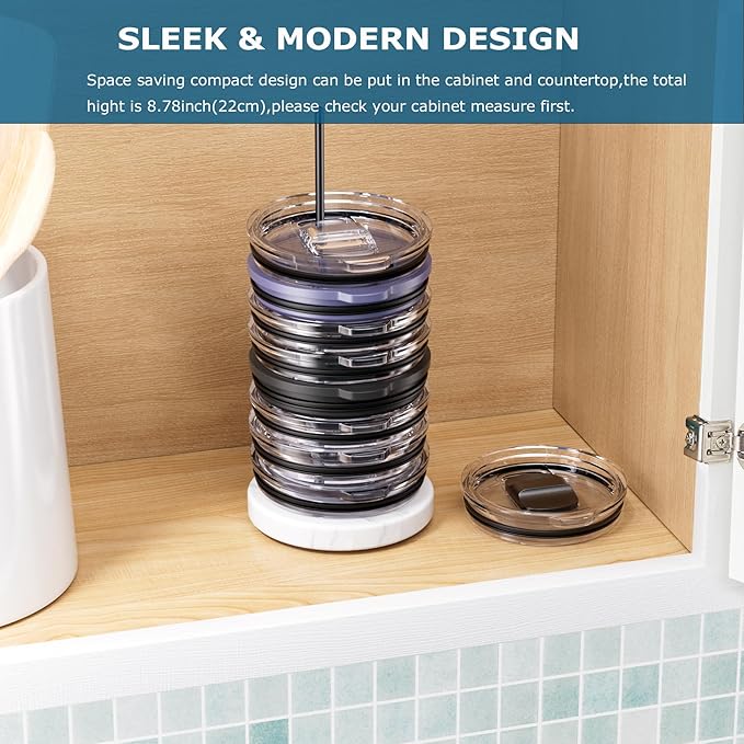 Tumbler Lid Organizer with Marble Base for Stanley /Yeti Tumbler,Space-saving Vertical Cup Lid Holder Storage Design for Up to 10 Lids,Clutter-Free Kitchen Cabinets and Countertops (Black)